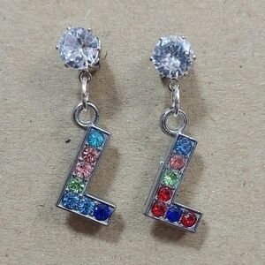 Initial Letter L Multicolored Rhinestone Silver Tone Dangle Earrings